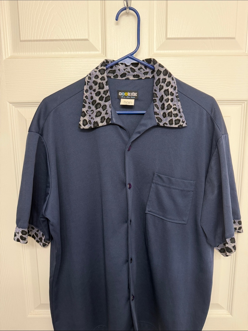 Men's Navy Button-Down Shirt with Leopard-Trim Collar